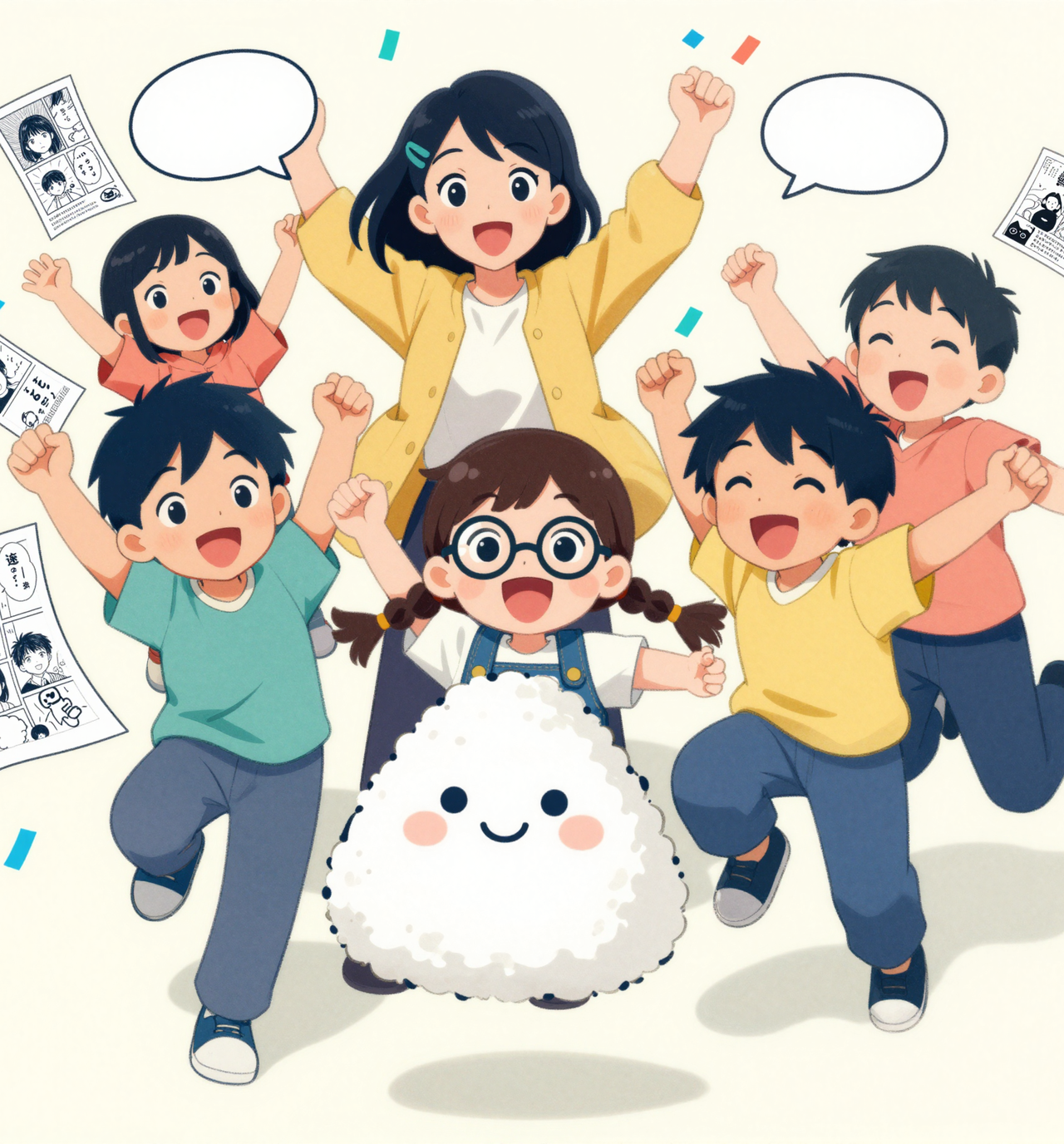 Kids and their teacher cheering with manga pages flying and the Musubi rice-ball mascot