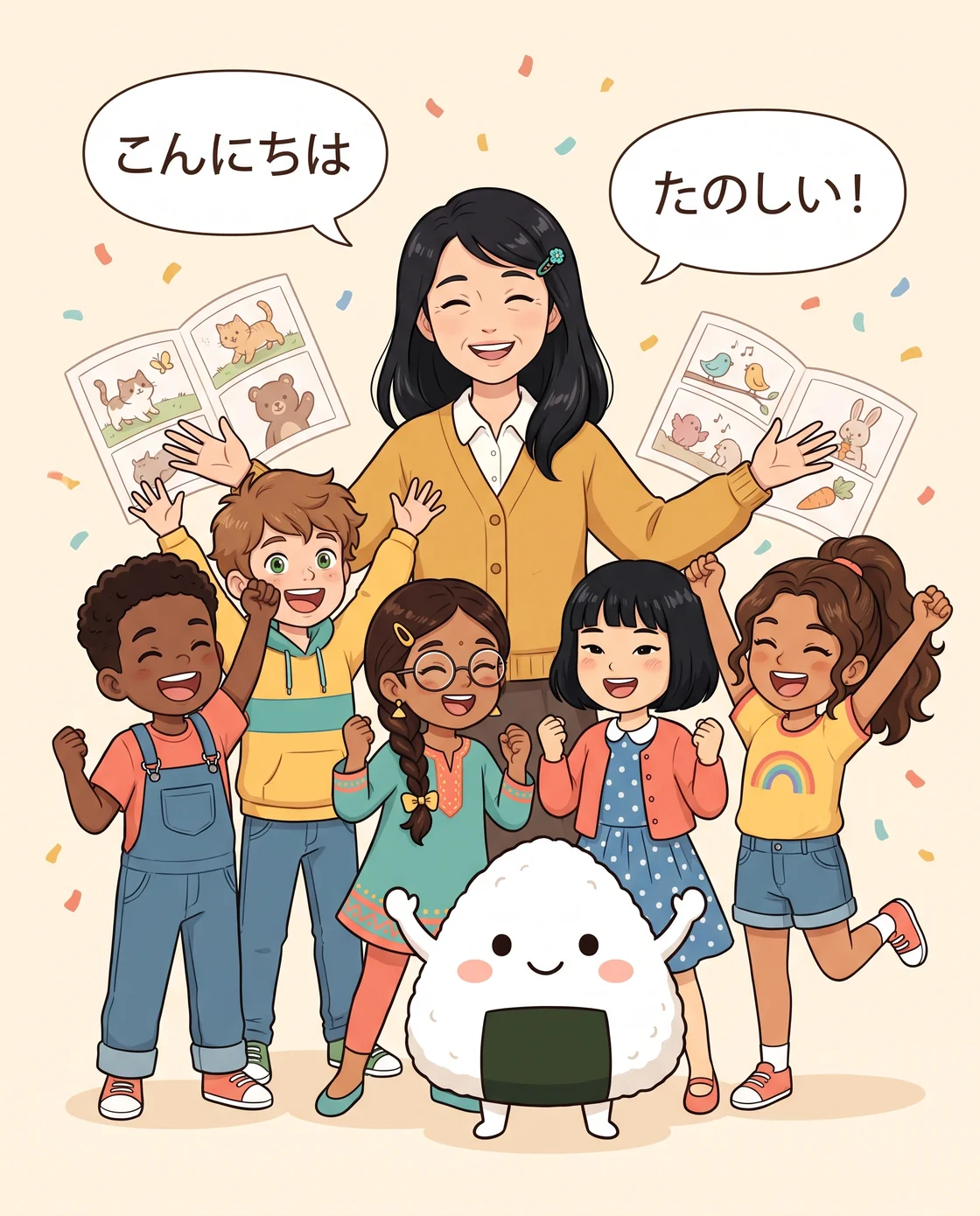 Midori-sensei and a group of children from all over the world cheering together, with the Musubi rice-ball mascot and speech bubbles saying konnichiwa and tanoshii