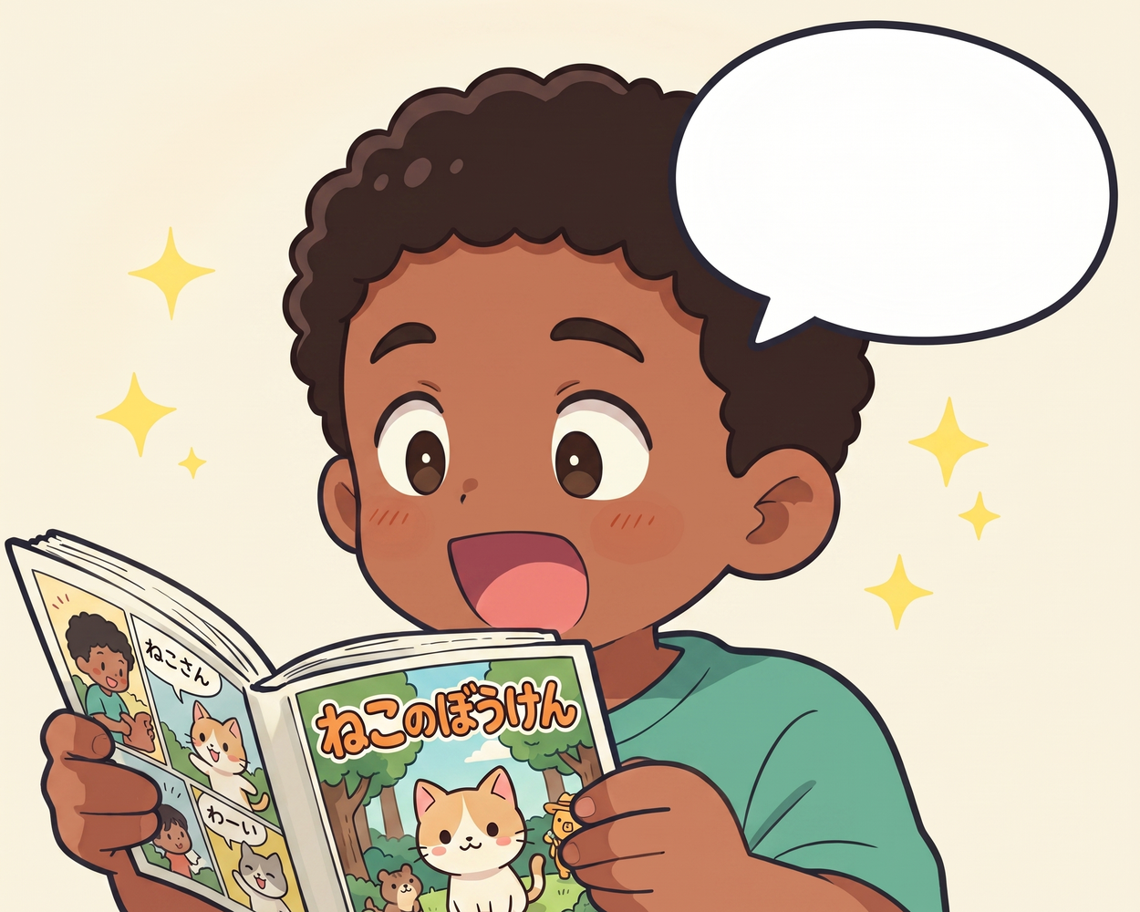 A student lit up with excitement reading manga, saying sugoi