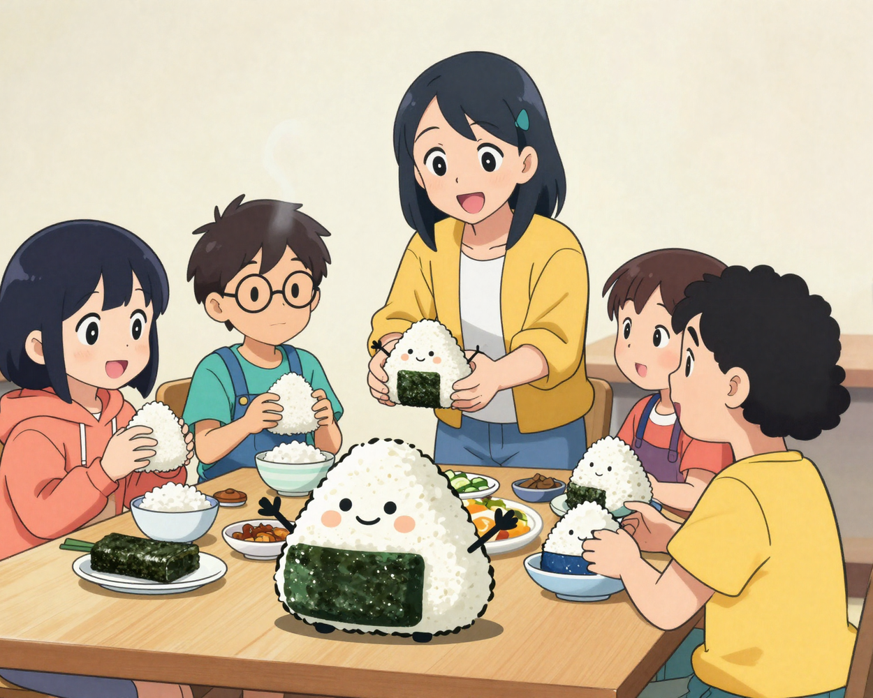 Kids and their teacher making onigiri together with the rice-ball mascot