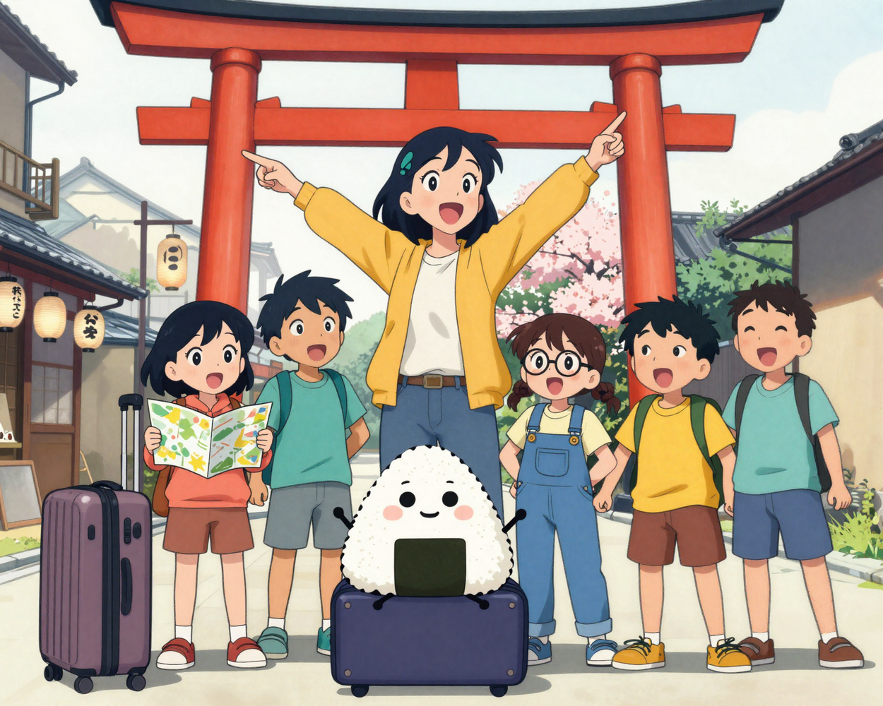 Excited kids with a suitcase and map at a torii gate