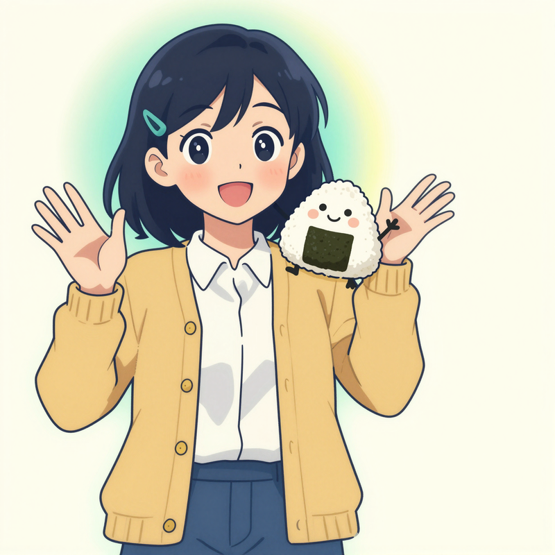 Illustration of Midori-sensei waving, with the rice-ball mascot on her shoulder